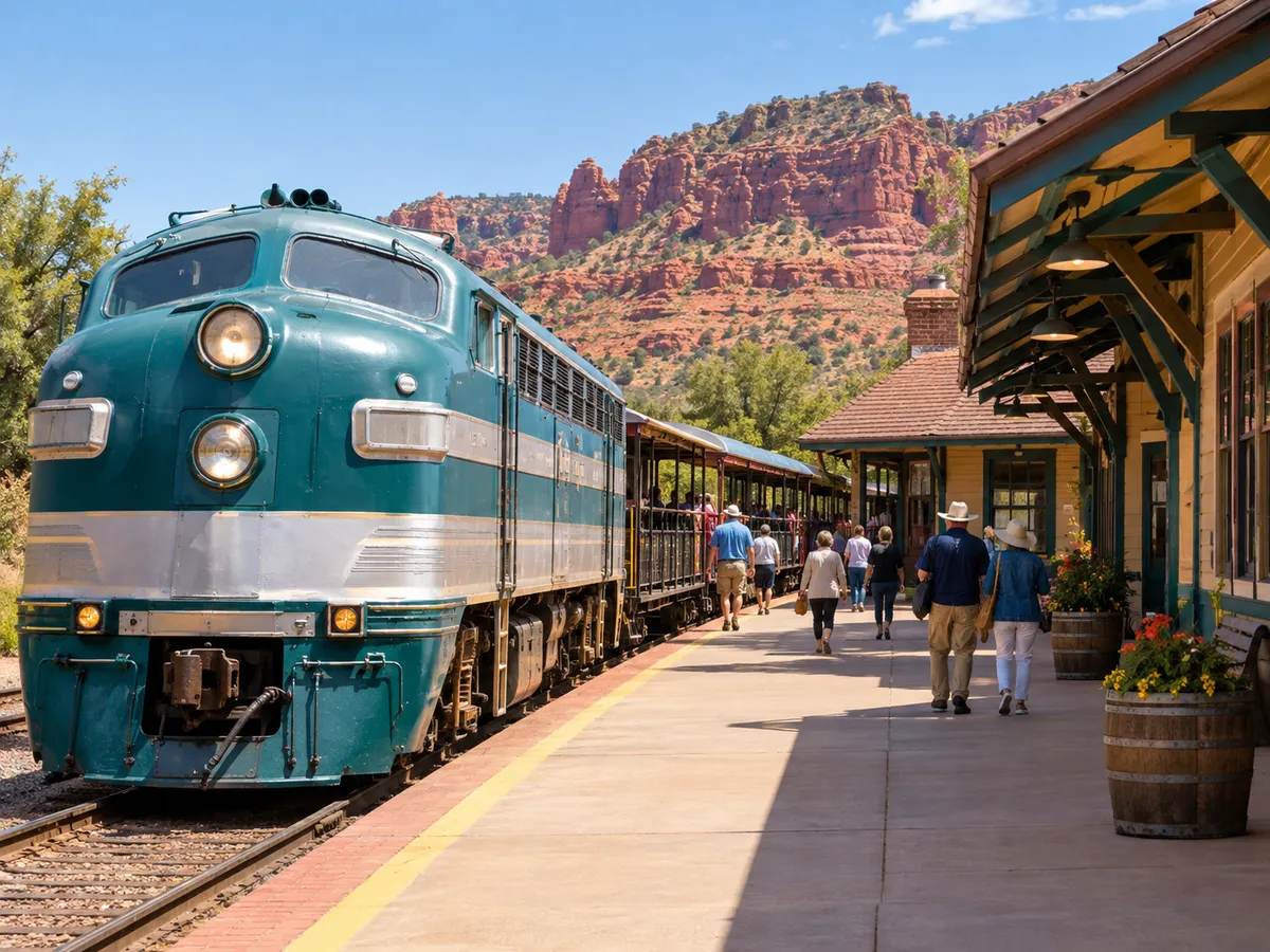 Vintage locomotive waiting at the Clarkdale depot platform
