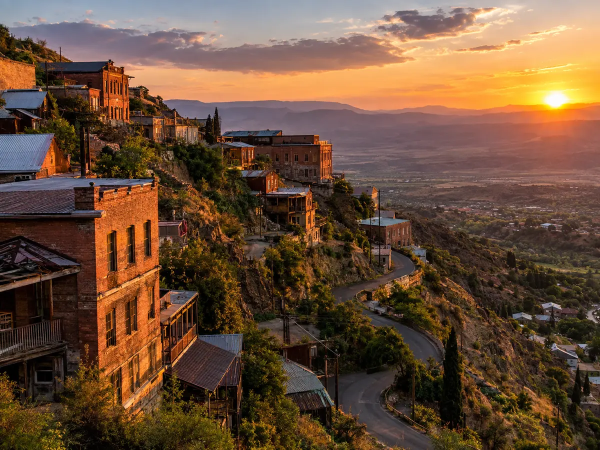 Die Geisterstadt Jerome am Hang über dem Verde Valley bei Sonnenuntergang